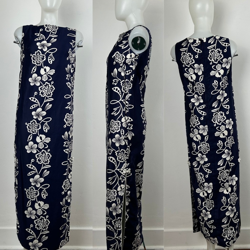 VTG 60Ss 70s Hawaiian Maxi Dress Floral White Navy Blue Side Slits Cotton SZ S - Picture 7 of 16